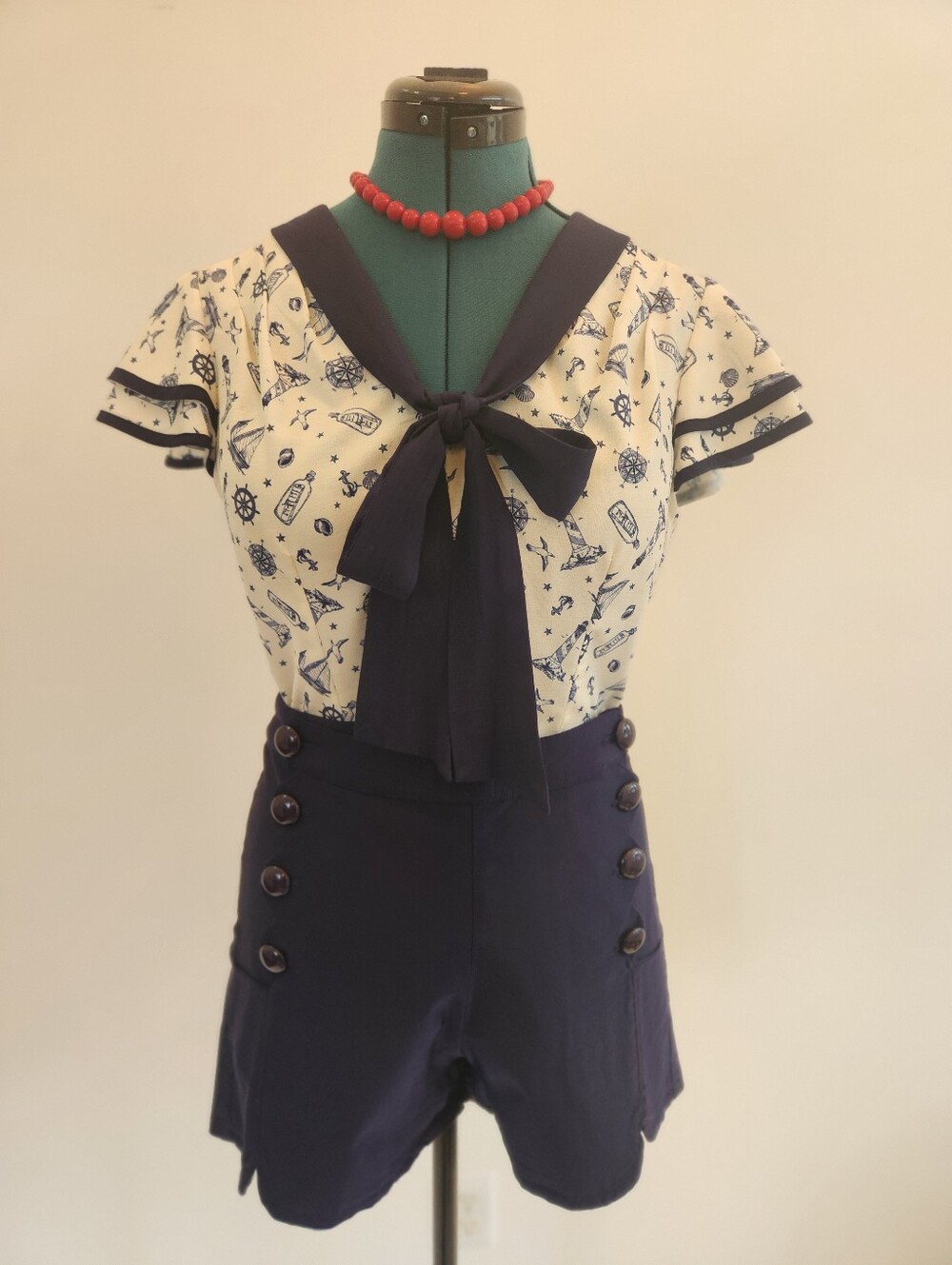 ⚓️ Navy Sailor Tie-Front Romper with Nautical Print SZ M